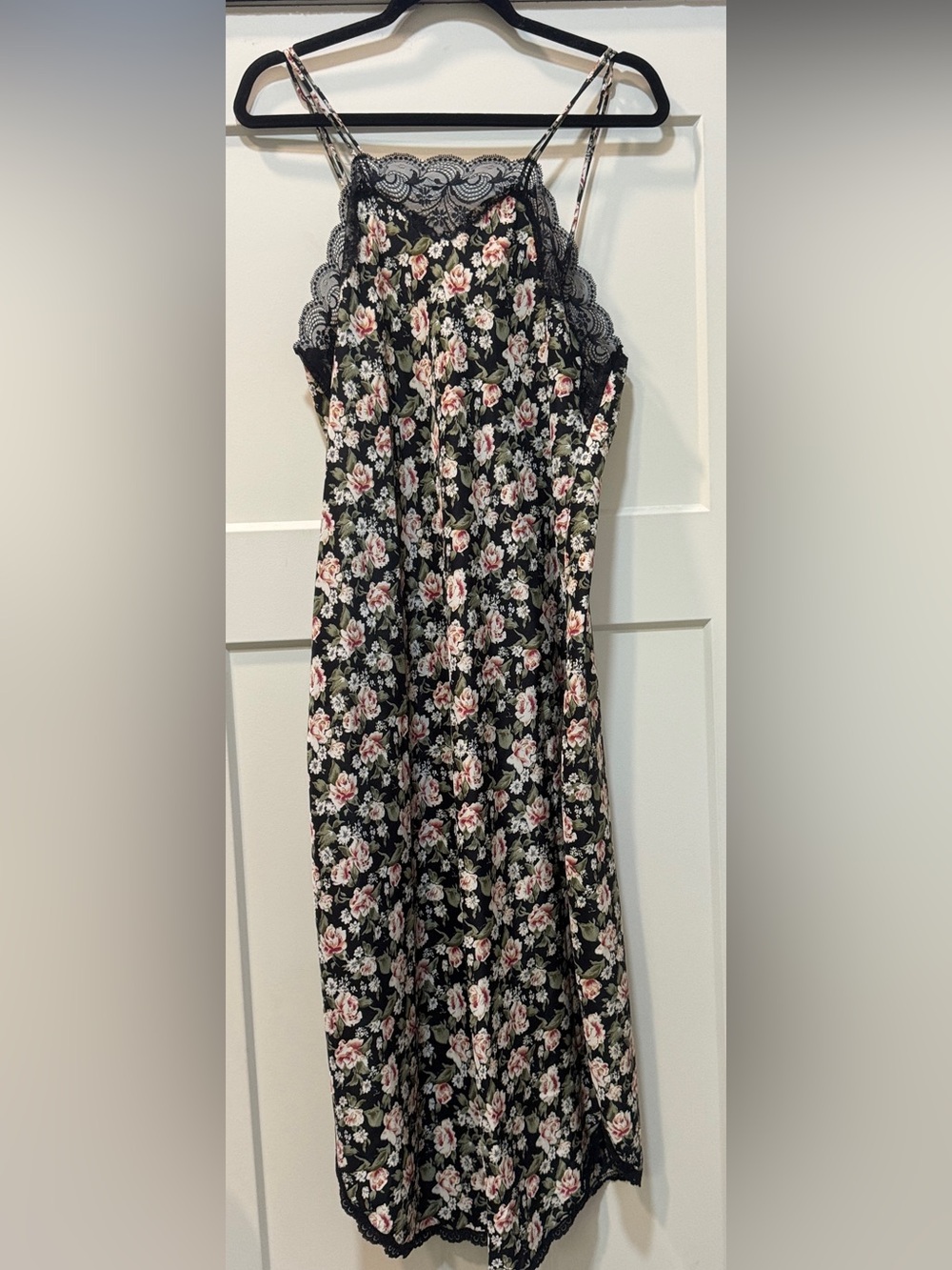Vtg 90’s Floral Lace-Trim Black Maxi Slip Dress with Pink Rose Print